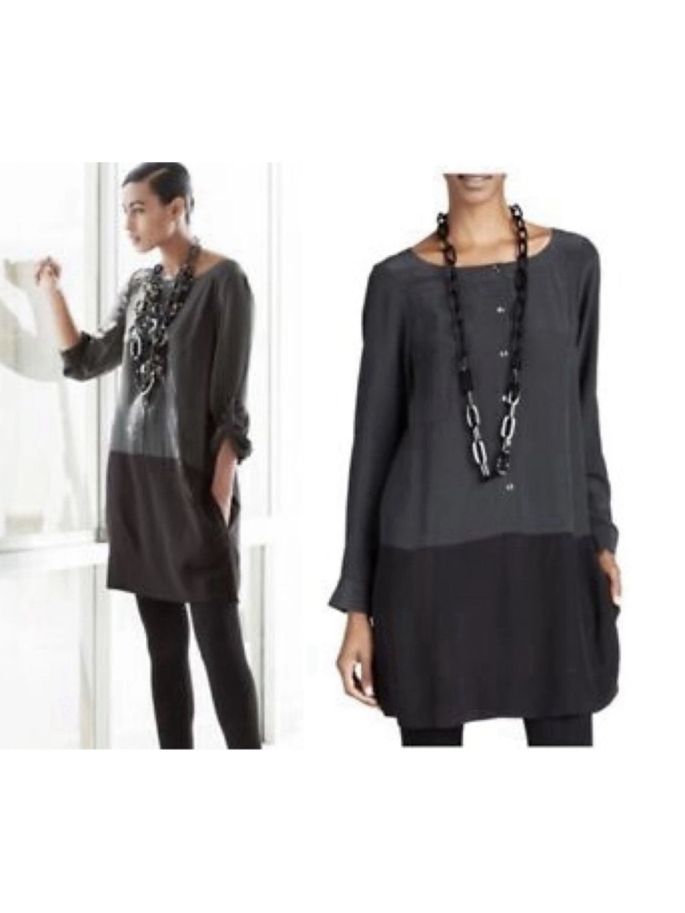 Eileen Fisher Silk Crepe de Chine Color-block Sz L Tunic Dress Gray Black button